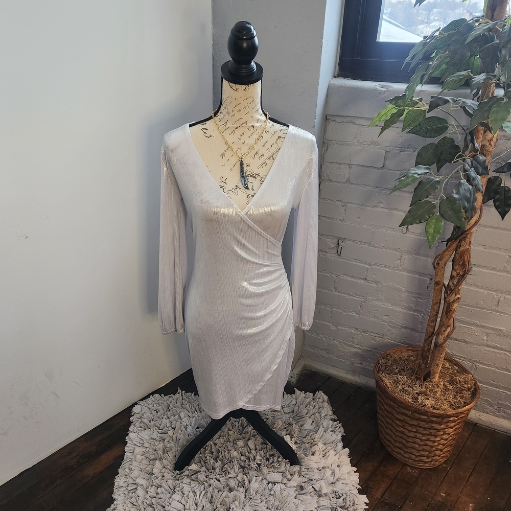 Silver ShimmeeDress with Long Sleeves and V-Neck for Cocktail